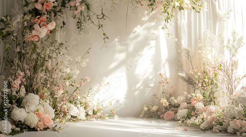 wedding backdrop, photography background with arch of delicate flowers.
