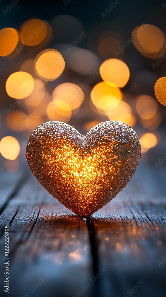 Fototapeta premium A gold heart-shaped ornament on a wooden surface with out-of-focus golden lights in the background.
