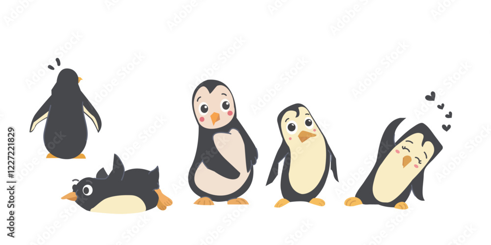 Obraz premium Penguin cartoon in different style,Made by human,Vector illustration set,Antarctic animal in different poses set,Cute baby penguin. 