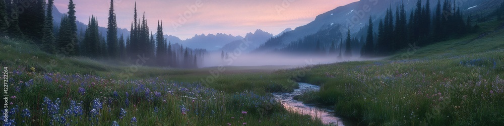 Fototapeta premium Serene alpine meadow at sunrise with blooming wildflowers and misty mountains