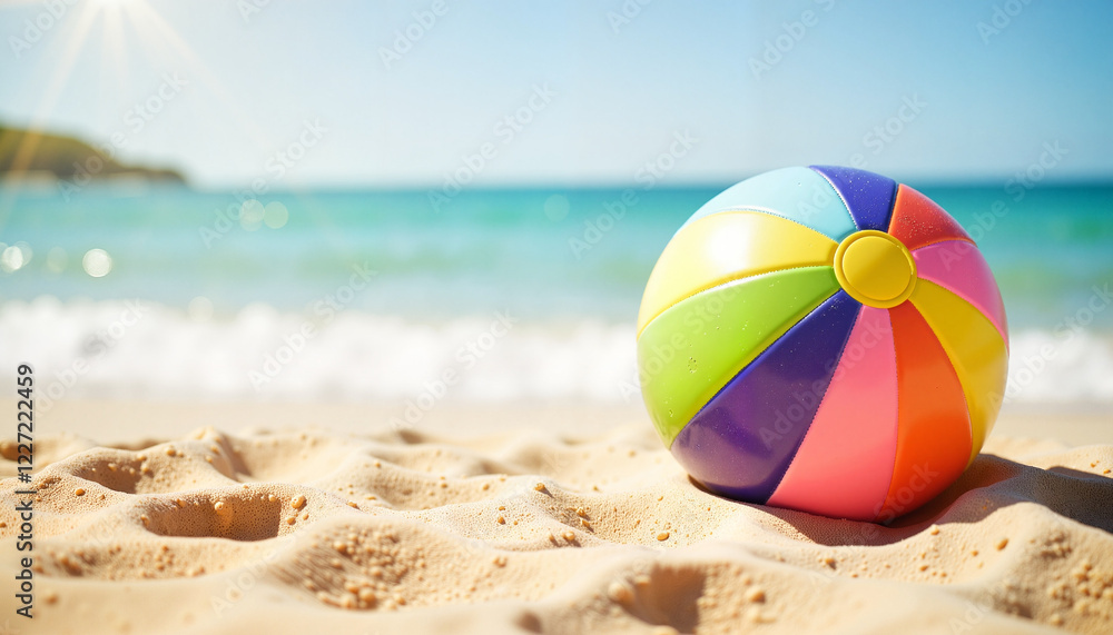 Obraz premium Vibrant beach ball on golden sand with ocean view, summer joy