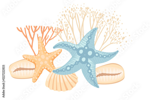 A beautifully illustrated depiction of colorful ocean shells and diverse marine life Vector illustration on white background