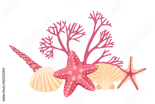 Colorful Marine Life An Illustration Featuring Coral, Shells, and Starfish in Nature Vector illustration on white background