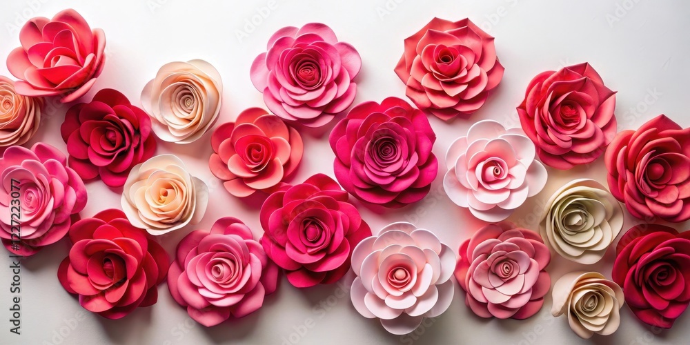 Obraz premium Vibrant paper roses in various shades of pink and red adorn a plain white backdrop, creating a pop of color against a neutral background , blossom, print