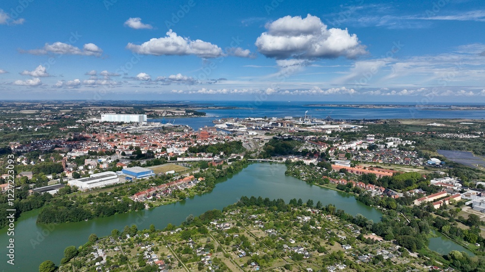 Obraz premium Hanseatic city of Wismar in Germany from the air in summer