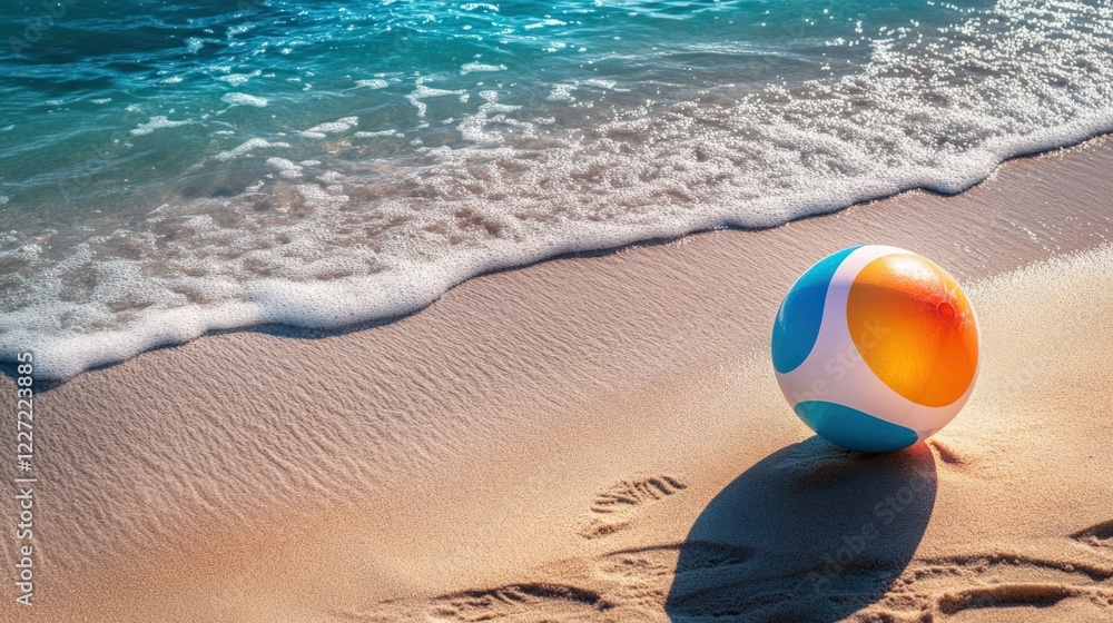 Obraz premium A beach ball is sitting on the sand near the water
