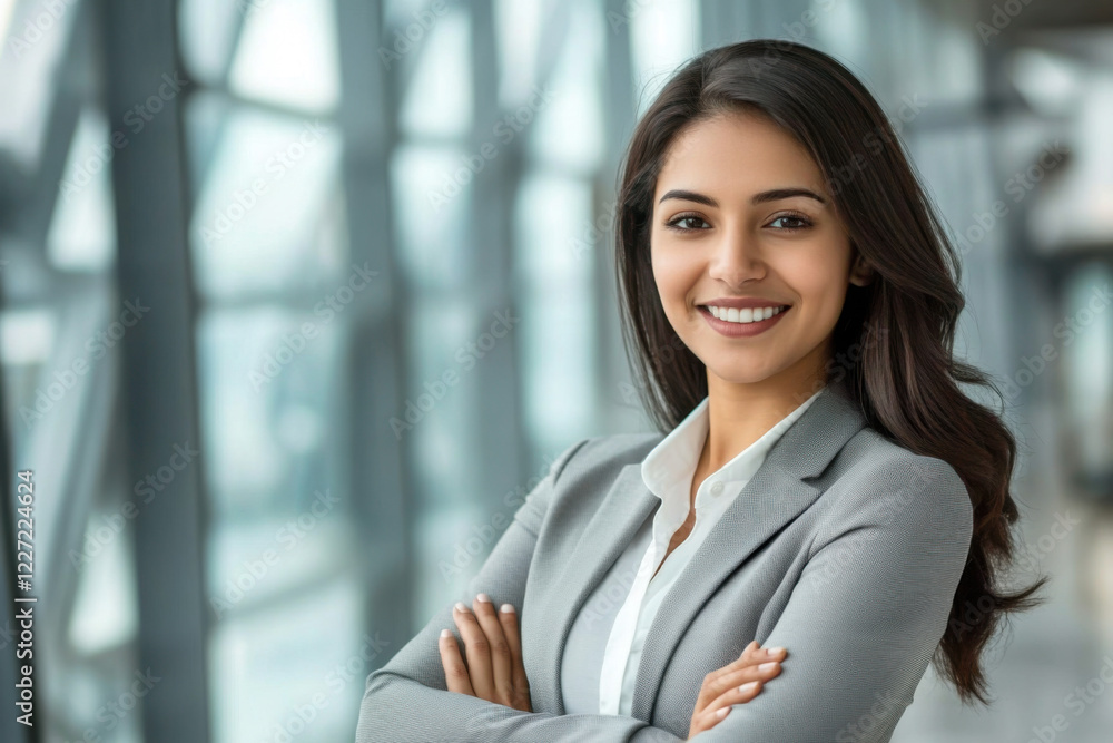 Fototapeta premium smiling hispanic businesswoman with blurred background