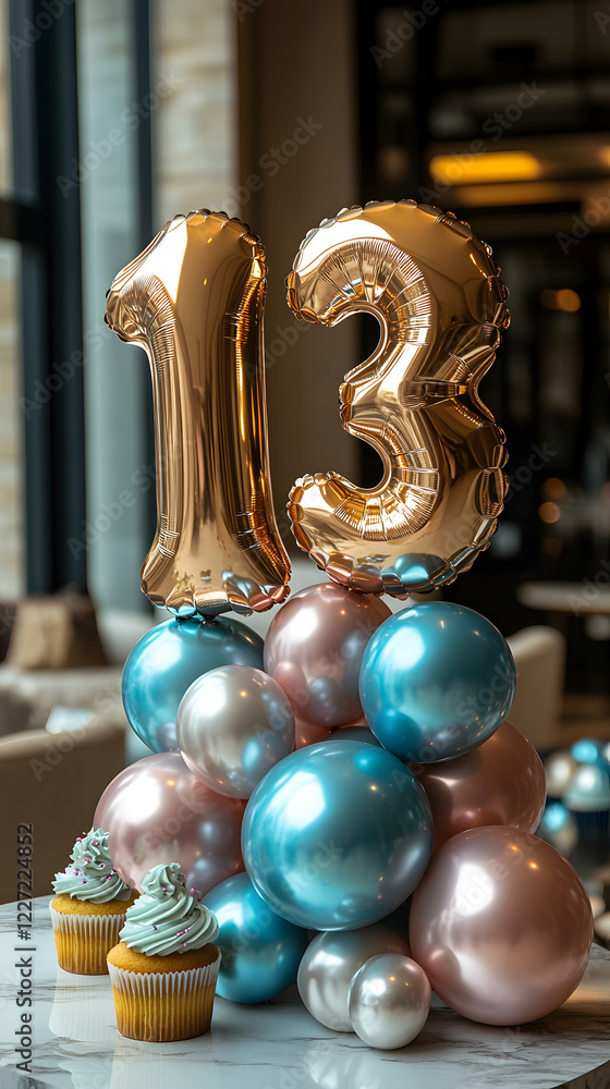 Fototapeta premium 13th Birthday Celebration Concept with Balloons, Cake, and Number 13