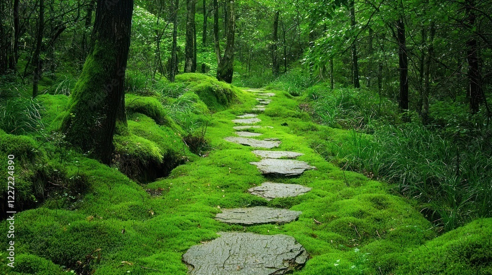 Fototapeta premium A winding forest path covered in soft moss, leading through a dense green forest
