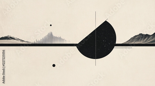 A conceptual black and white abstract artwork featuring geometric lines, a large black circle, and mountain-like structures in a minimal design  
