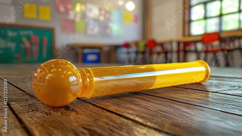 Yellow Training Clicker with Glossy Orange End on Rustic Table in Classroom photo