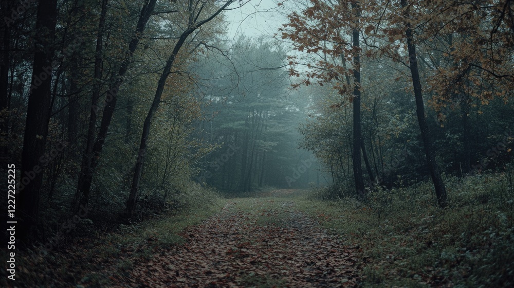 Fototapeta premium A forest path is shown in the dark with trees and leaves. Scene is eerie and mysterious