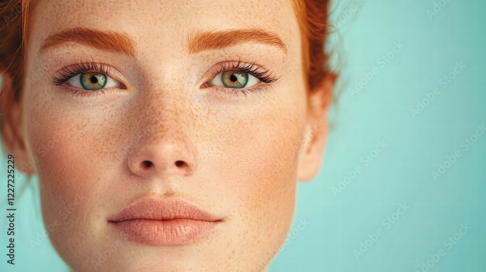 An alluring close-up of a red-haired model against a teal backdrop, emphasizing her freckles and strong features. An alluring close-up of a red-haired model against a teal backdrop, emphasizing her freckles and strong features.