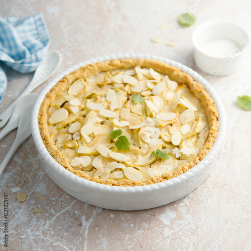 Apple pie with custard and almond photo