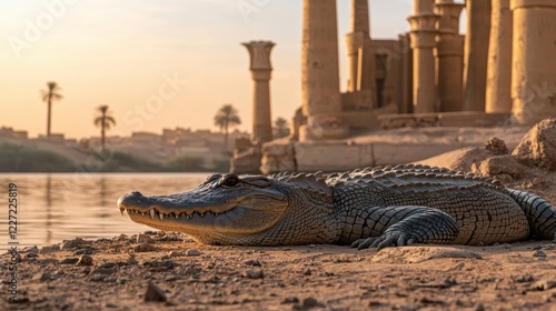 an alligator sits on the shore of a river photo