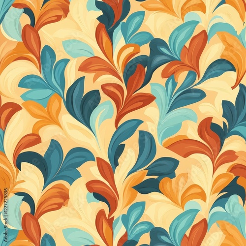 Seamless Teal, Orange, and Yellow Floral Pattern.