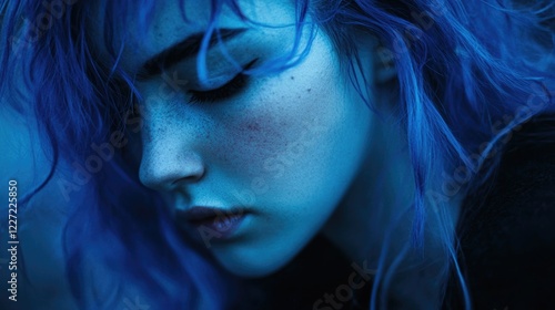 A woman with blue hair and blue eyes. She has a blue background. The woman is looking at the camera