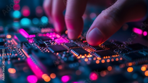 Hand interacting with glowing circuit board in vibrant neon light. Futuristic technology concept with hand and circuit board. Human hand exploring digital circuits and glowing technology. photo