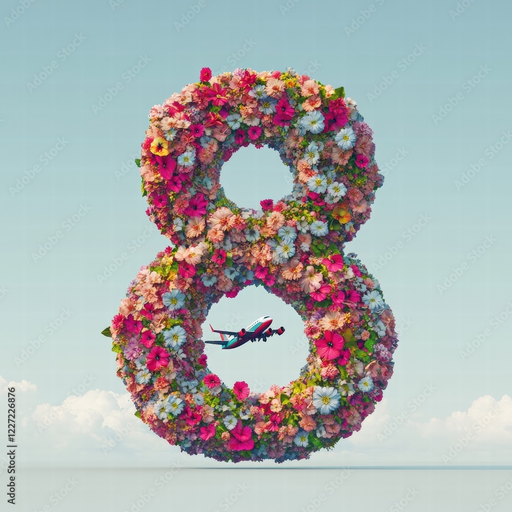 A vibrant floral figure in the shape of eight, beautifully arranged with a plane flying near, symbolizing joy. A vibrant floral figure in the shape of eight, beautifully arranged with a plane flying near, symbolizing joy.