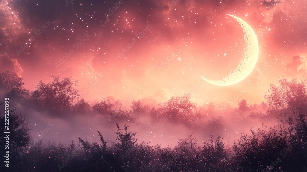 Crescent Moon over Misty Forest at Night Crescent Moon over Misty Forest at Night