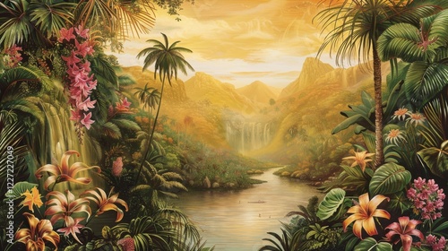 A tropical paradise with cascading waterfalls, rocky cliffs, vibrant foliage, colorful flowers, palm trees, and misty mountains, all illuminated by a warm golden sunset