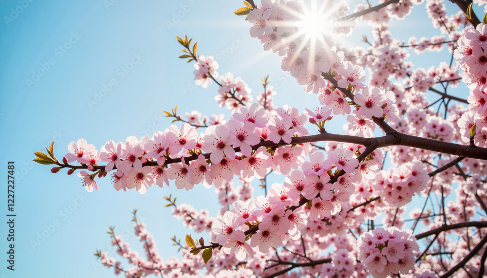 Obraz premium Blooming apple tree branches against clear blue sky, spring beauty