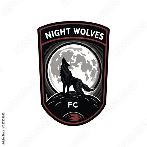 A stylized wolf, emblem of Text Night Wolves FC, howling beneath a dramatic full moon.  Intricate details, dark color palette.