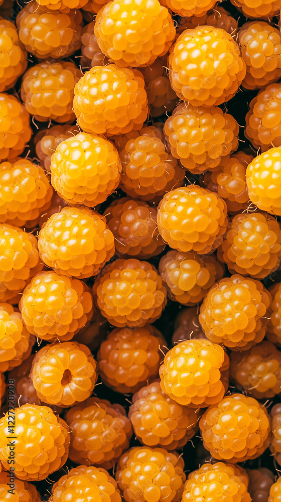 Fototapeta premium A lot of yellow raspberries, closeup, healthy food, background, vertical illustration