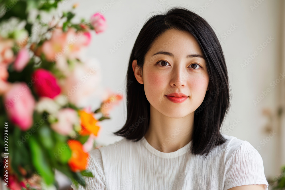 Young Asian Female Enjoying Vibrant Floral Arrangement at Home Young Asian Female Enjoying Vibrant Floral Arrangement at Home