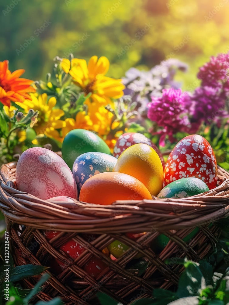 A basket full of colorful Easter eggs is surrounded by flowers. The basket is placed in a garden, and the eggs are arranged in a way that they look like they are ready to be eaten A basket full of colorful Easter eggs is surrounded by flowers. The basket is placed in a garden, and the eggs are arranged in a way that they look like they are ready to be eaten