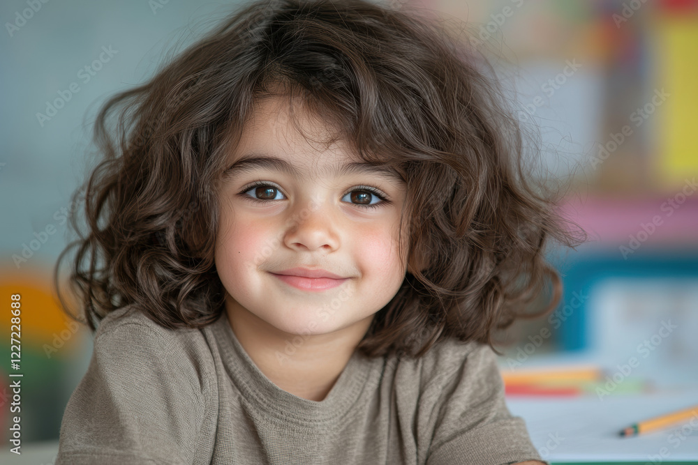 Smiling Caucasian Female Child with Curly Hair in Warm Tones Smiling Caucasian Female Child with Curly Hair in Warm Tones