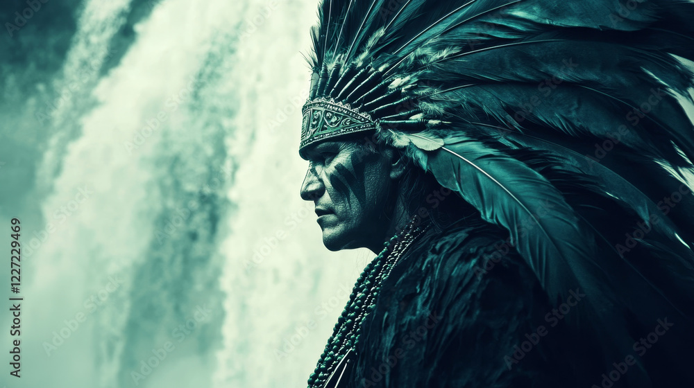 Obraz premium Native American man, headdress, waterfall backdrop, teal tones.