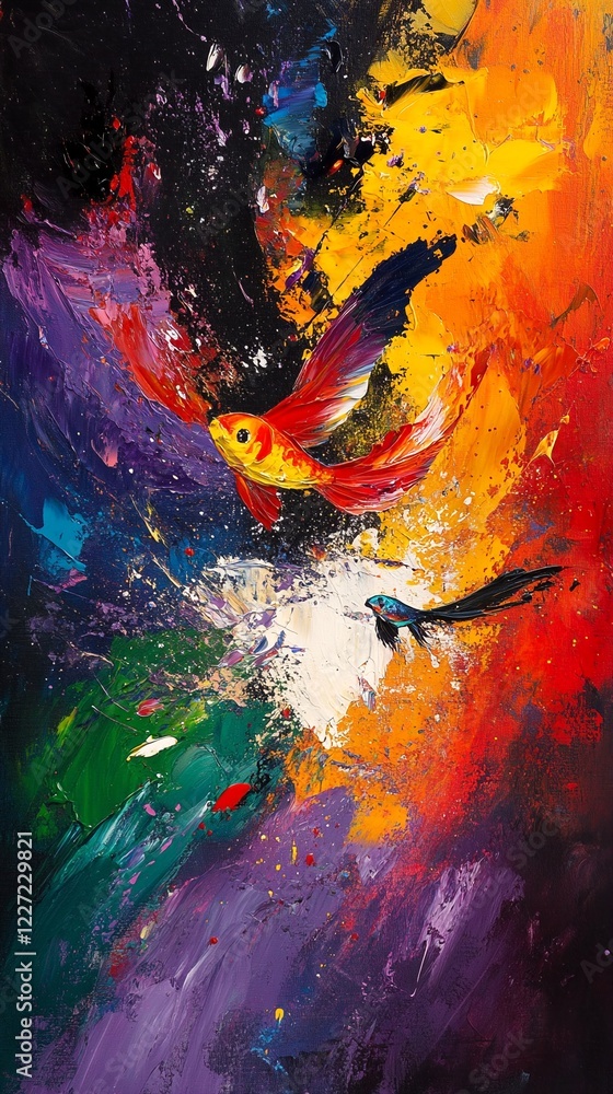 A colorful abstract painting of two fish swimming through space. A colorful abstract painting of two fish swimming through space.