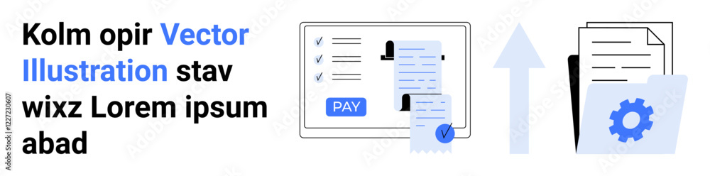 Fototapeta premium Checklist, payment receipt with PAY button, arrow linking to a gear folder. Ideal for finance, organization, data management, bookkeeping, workflows, business systems abstract line flat metaphor
