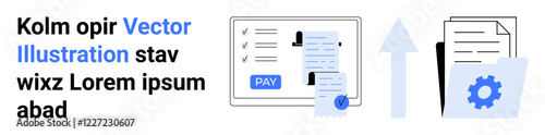 Checklist, payment receipt with PAY button, arrow linking to a gear folder. Ideal for finance, organization, data management, bookkeeping, workflows, business systems abstract line flat metaphor