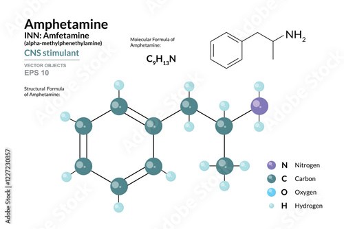 Amphetamine. Structural Chemical Formula and 3d Model of Molecule. C9H13N. Atoms with Color Coding. Vector graphic Illustration for educational materials, scientific articles, and presentations