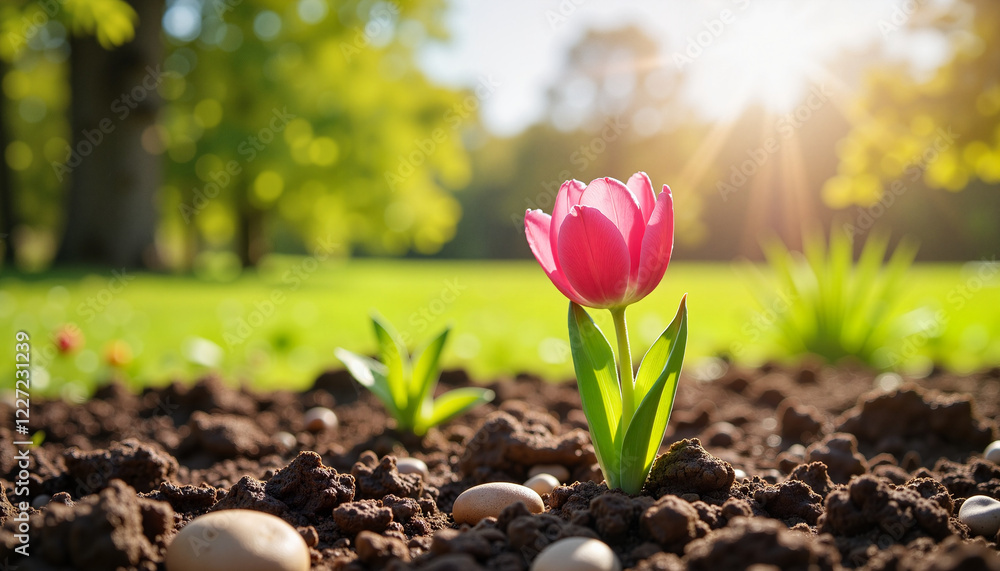 Bright pink tulip blooming in sunlight on countryside soil, new beginnings Bright pink tulip blooming in sunlight on countryside soil, new beginnings