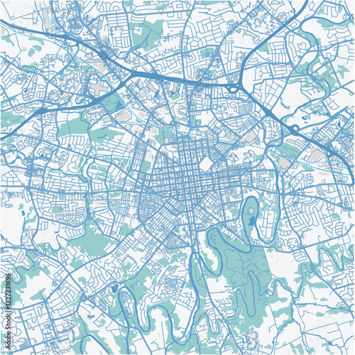 Map of Lancaster in Pennsylvania in a professional blue style. Contains layered vector with roads water, parks, etc.
