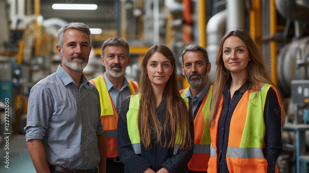 A team of five engineers, three men and two women, standing in an industrial workspace with large machinery in the blurred background. They wear high-visibility vests over professional attire, looking A team of five engineers, three men and two women, standing in an industrial workspace with large machinery in the blurred background. They wear high-visibility vests over professional attire, looking