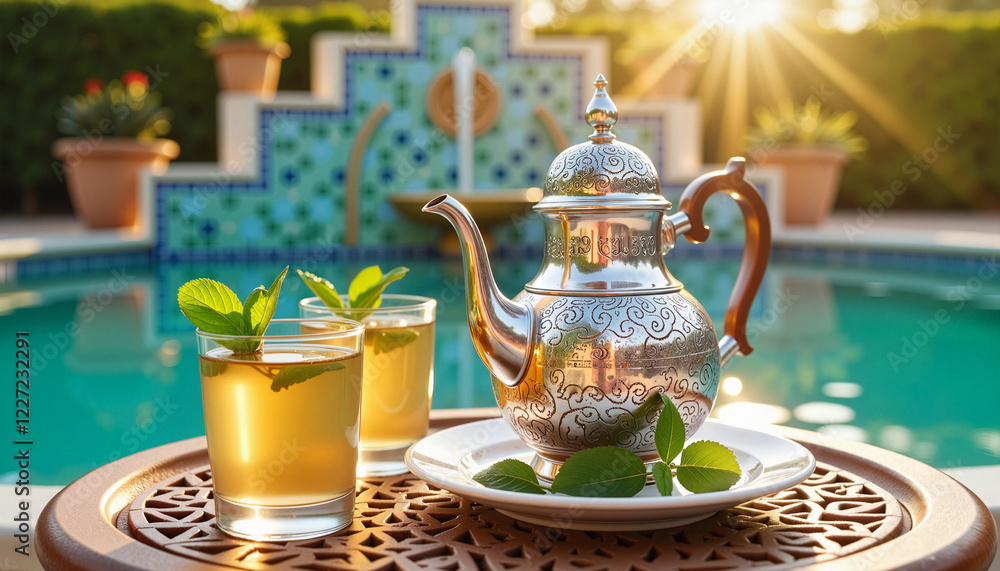 Fototapeta premium Traditionally styled Moroccan teapot with mint tea at sunset, cultural richness