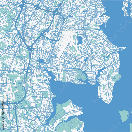 Map of Warwick in Rhode Island in a professional blue style. Contains layered vector with roads water, parks, etc.