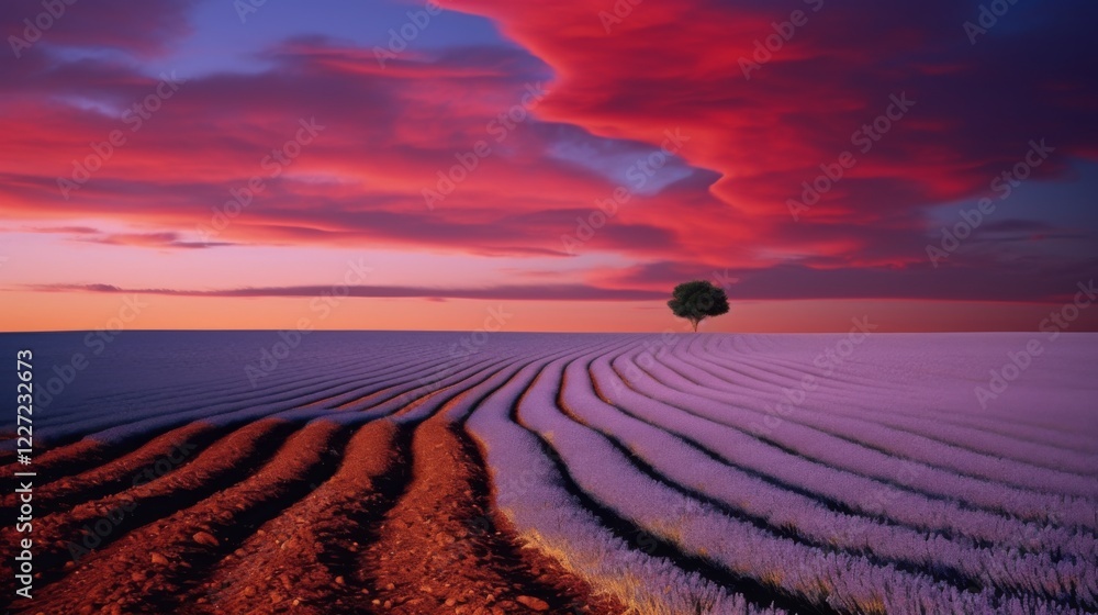 Naklejka premium Landscape of a tranquil field at sunset with vibrant skies and a solitary tree stands against the horizon