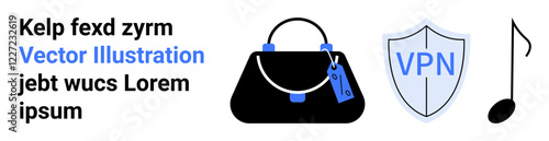Black handbag with blue tags, shield displaying VPN text, and single music note. Ideal for security, shopping, music, branding, technology, fashion minimalism flat landing page banner