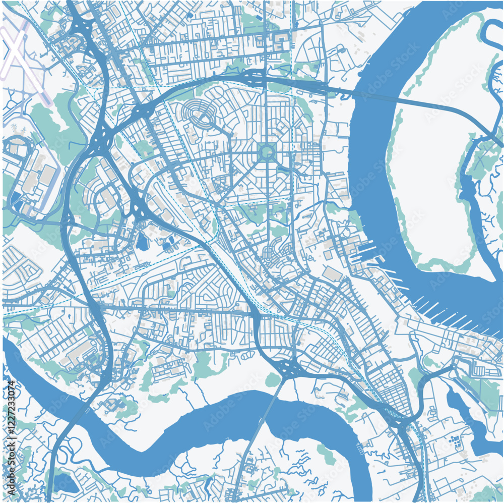 Obraz premium Map of North Charleston in South Carolina in a professional blue style. Contains layered vector with roads water, parks, etc.