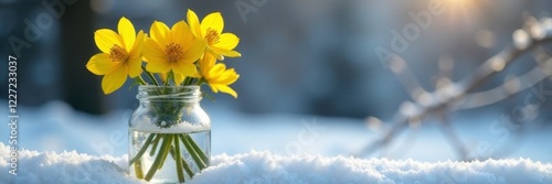 Snow-covered glass jar with yellow Winter aconite flowers, winter blooms, frosty mornings photo