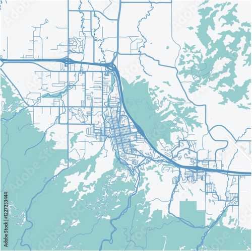 Map of Spearfish in South Dakota in a professional blue style. Contains layered vector with roads water, parks, etc.