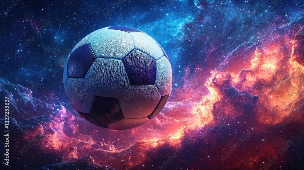 Fototapeta premium Soccer Ball Floating in Cosmic Space with Colorful Nebula Background