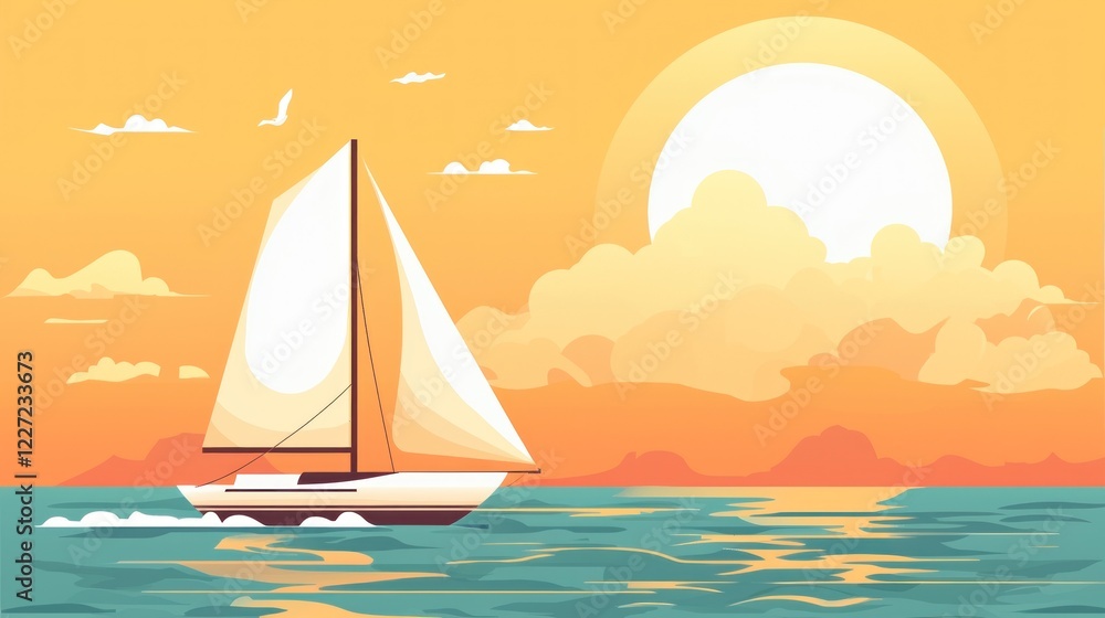 Naklejka premium Calm Sunset with Sailboat on Tranquil Ocean Waters in Vibrant Colors