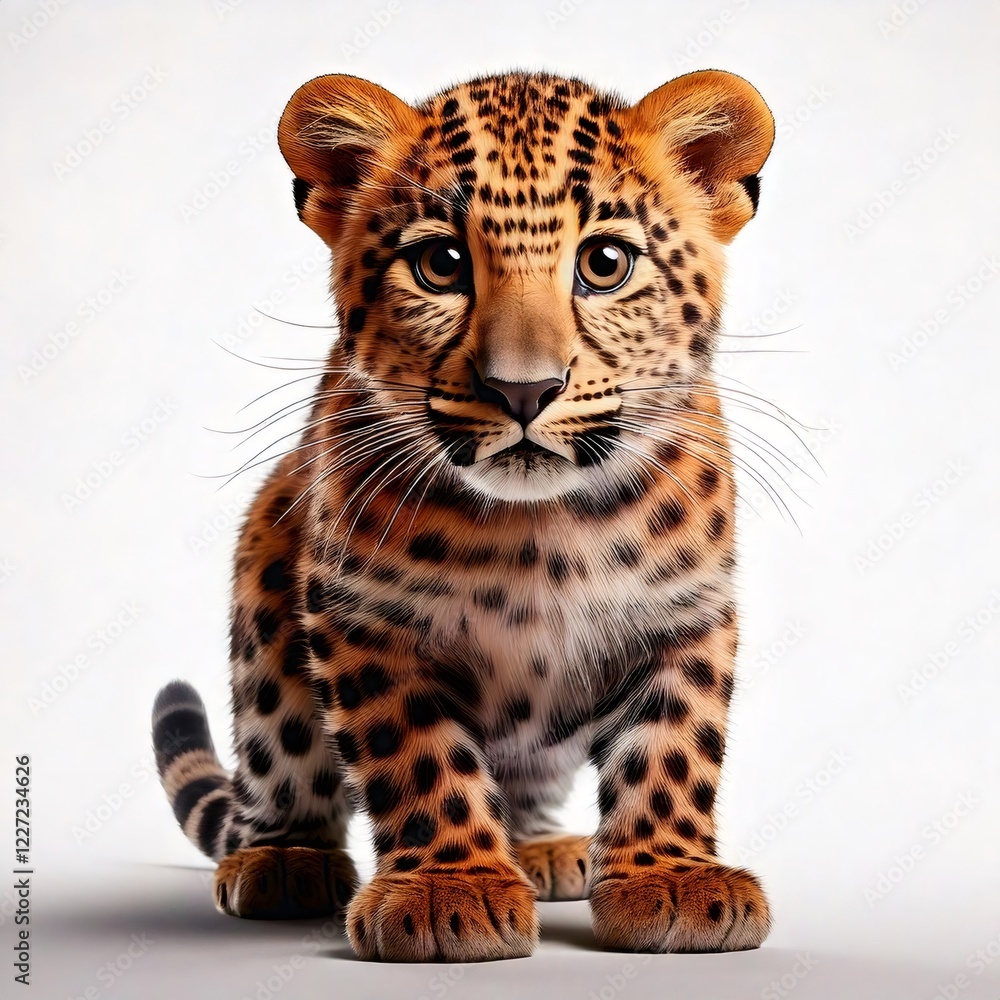 Fototapeta premium Adorable leopard cub sitting and looking forward on white background