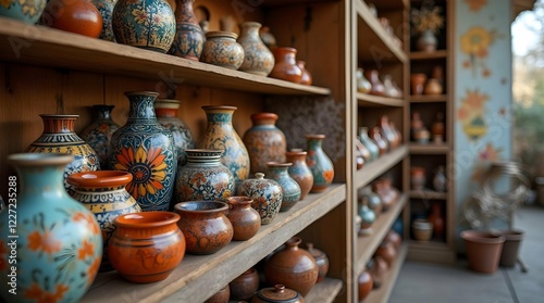 Wallpaper Mural A vibrant display of traditional Romanian hand-painted ceramics, showcasing intricate floral designs and rich colors on plates, bowls, and pitchers Torontodigital.ca